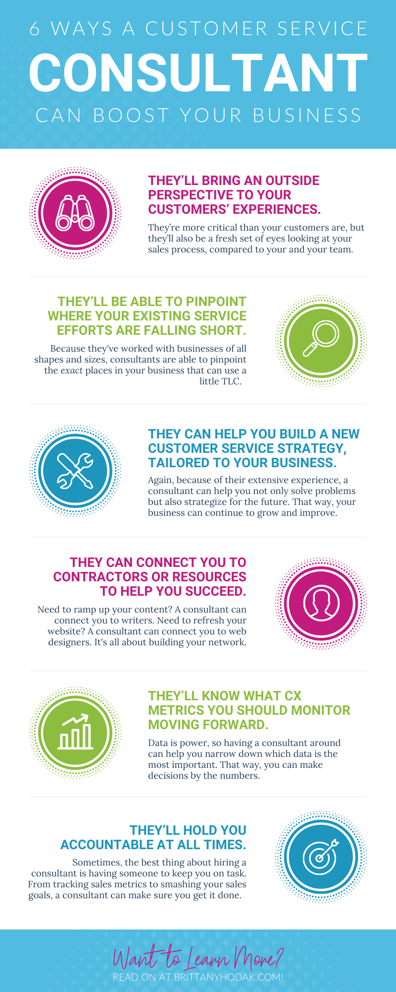 Infographic for 6 Ways A Customer Service Consultant Can Boost Your Business - Brittany Hodak