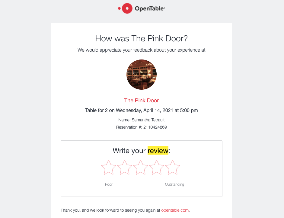 OpenTable Screenshot for How To Ask For A Customer Review And Why You Always Should - Brittany Hodak