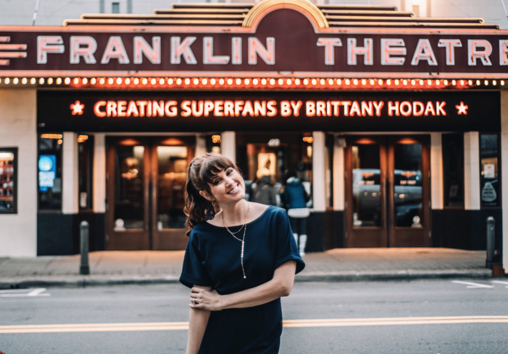 Brittany Hodak in front of Franklin Theater before giving her keynote, Creating Superfans