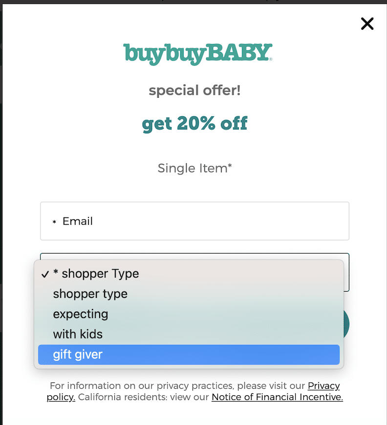 BuyBuyBaby newsletter sign up box with a drop-down menu to select if you're expecting, with kids, or a gift-giver