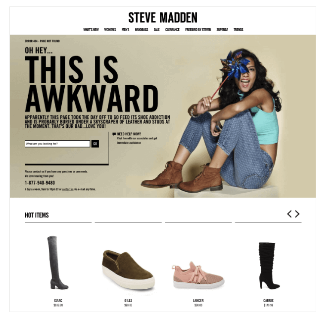 Steve Madden 404 Page - "this is awkward" with helpful links