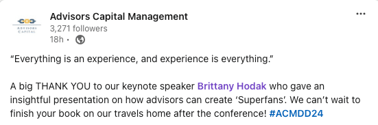 Advisors Capital Management LinkedIn Testimonial of Keynote Speaker Brittany Hodak