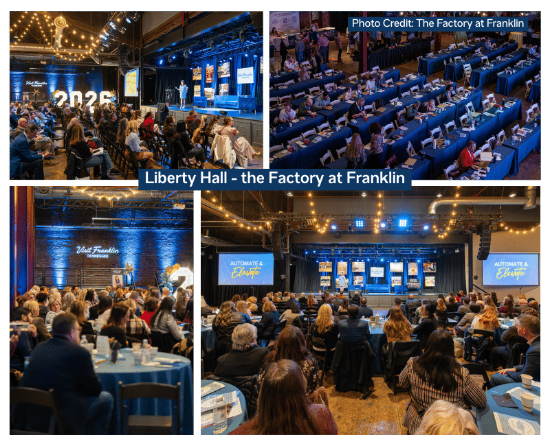 4-photo collage of Liberty Hall at the Factory at Franklin. 3 photos feature Visit Franklin's Annual Tourism Roadmap, where Brittany Hodak was the keynote speaker. One photo is from the Factory's website and showcases a different set-up in the same venue.