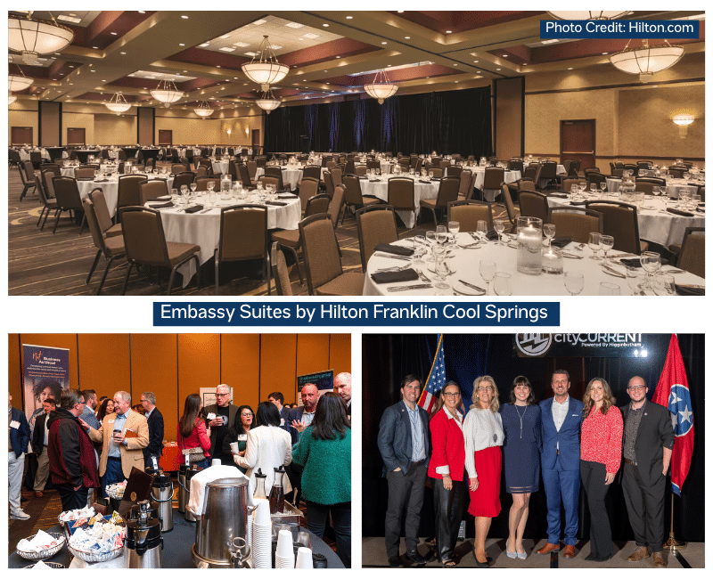 3-photo collage of Embassy Suites by Hilton Franklin-Cool Springs. Photo of the large event space, as well as 2 pictures from the cityCURRENT event where Brittany Hodak did the keynote speech. Event attendees networking as well and event planners and Brittany are posing for a photograph.
